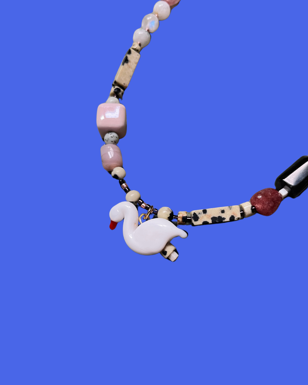 Nathalie – Handcrafted Necklace with Strawberry Quartz, Moonstone & Murano Glass