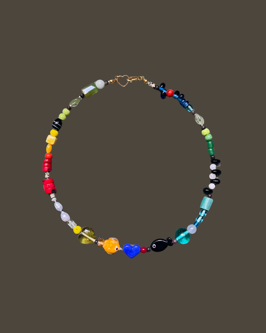 Blue Valentines – Handcrafted Beaded Necklace with Fish & Heart Motif