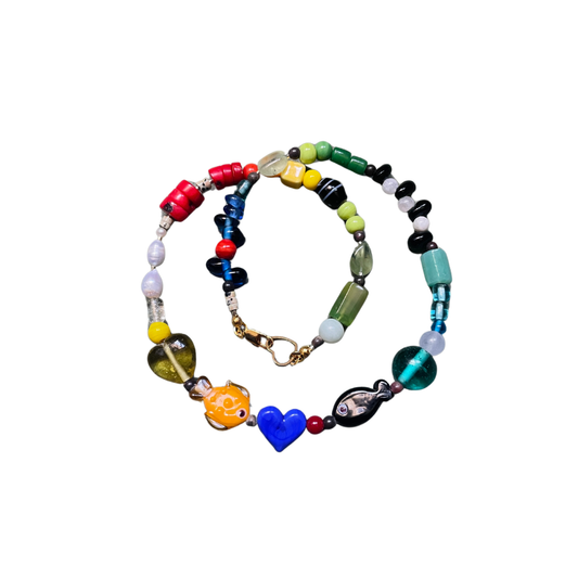 Blue Valentines – Handcrafted Beaded Necklace with Fish & Heart Motif